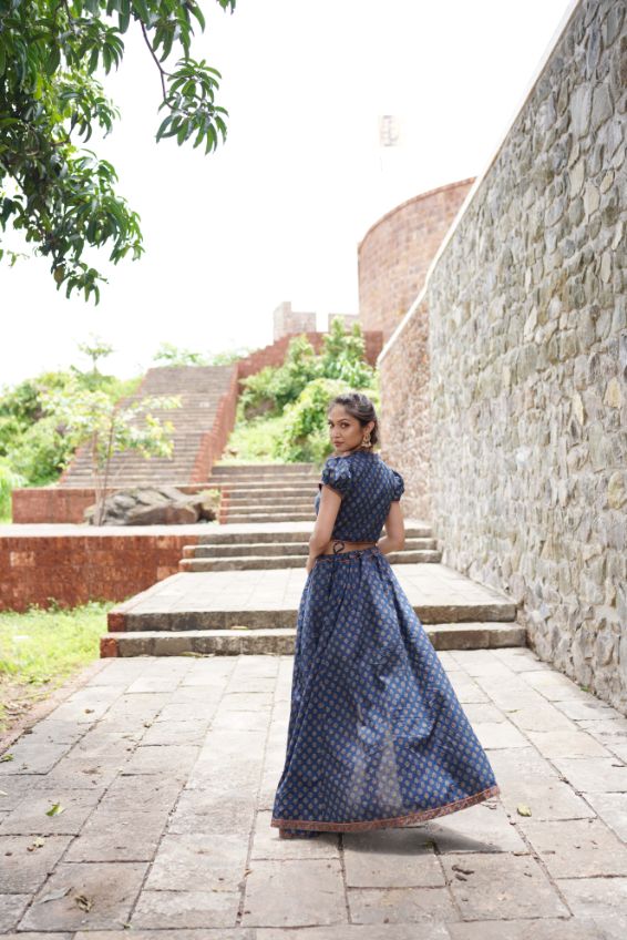 Blue Butta Printed Lehenga with Red Dupatta by Hasttvam with Blue, Cotton, Festive Wear, Floral, Handmade by Artisans, Natural Dye, Navratri, Navratri Teens, Rang by Hasttvam, Relaxed Fit, Responsible production and Vegan at Kamakhyaa for sustainable fashion