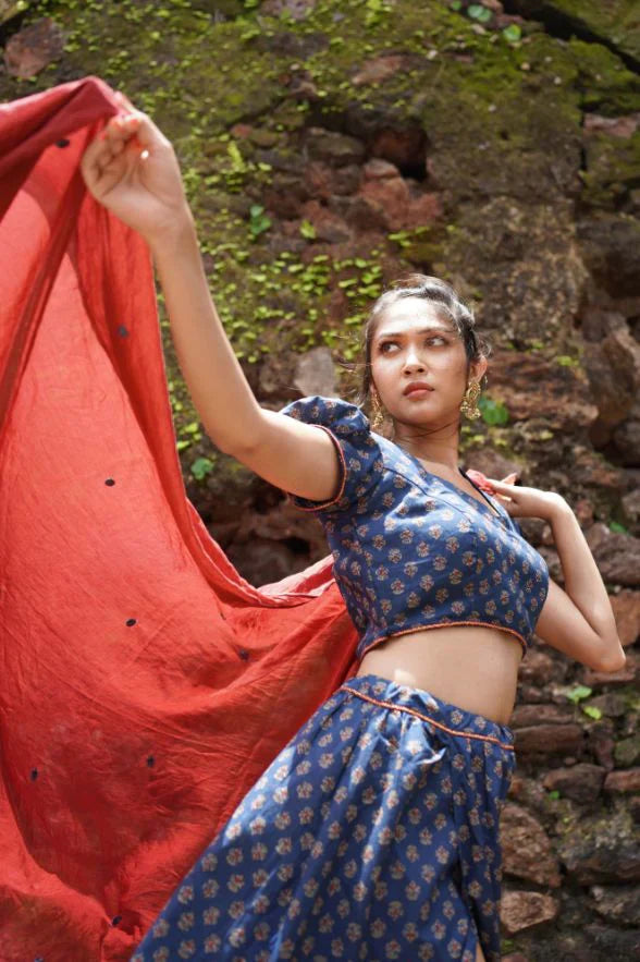 Blue Butta Printed Lehenga with Red Dupatta by Hasttvam with Blue, Cotton, Festive Wear, Floral, Handmade by Artisans, Natural Dye, Navratri, Navratri Teens, Rang by Hasttvam, Relaxed Fit, Responsible production and Vegan at Kamakhyaa for sustainable fashion