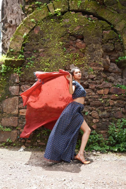 Blue Butta Printed Lehenga with Red Dupatta by Hasttvam with Blue, Cotton, Festive Wear, Floral, Handmade by Artisans, Natural Dye, Navratri, Navratri Teens, Rang by Hasttvam, Relaxed Fit, Responsible production and Vegan at Kamakhyaa for sustainable fashion