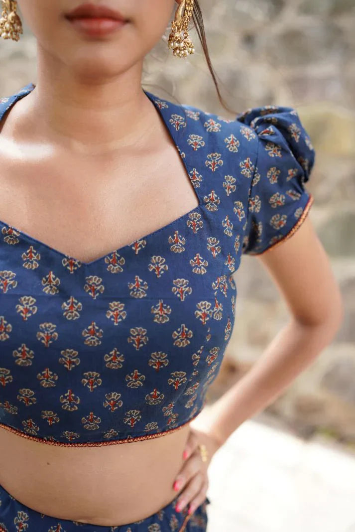 Blue Butta Printed Lehenga with Red Dupatta by Hasttvam with Blue, Cotton, Festive Wear, Floral, Handmade by Artisans, Natural Dye, Navratri, Navratri Teens, Rang by Hasttvam, Relaxed Fit, Responsible production and Vegan at Kamakhyaa for sustainable fashion