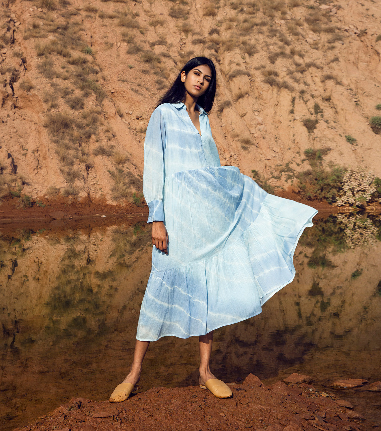 Blue Collared Midi Dress by Khara Kapas with 32 Days Of Summer by Khara Kapas, Blue, FB ADS JUNE, Midi Dresses, Mulmul, Natural, Ombre & Dyes, Relaxed Fit, Resort Wear, Tiered Dresses, Womenswear at Kamakhyaa for sustainable fashion