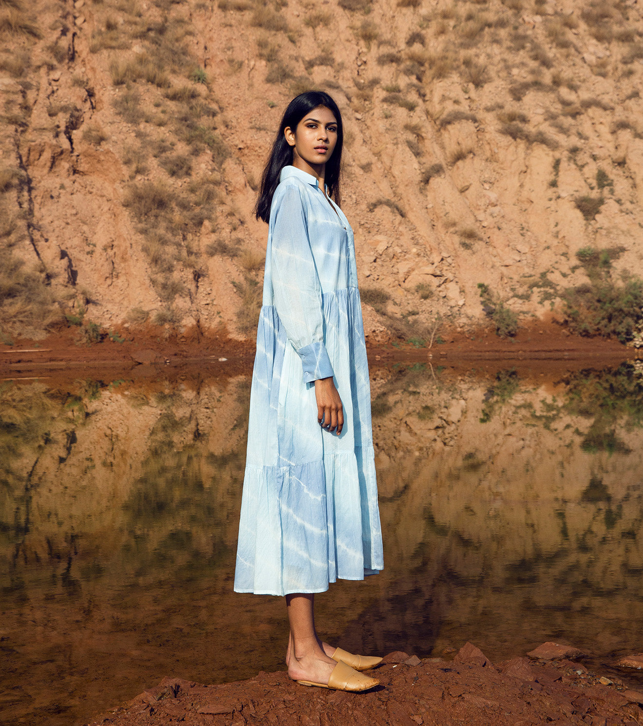 Blue Collared Midi Dress by Khara Kapas with 32 Days Of Summer by Khara Kapas, Blue, FB ADS JUNE, Midi Dresses, Mulmul, Natural, Ombre & Dyes, Relaxed Fit, Resort Wear, Tiered Dresses, Womenswear at Kamakhyaa for sustainable fashion