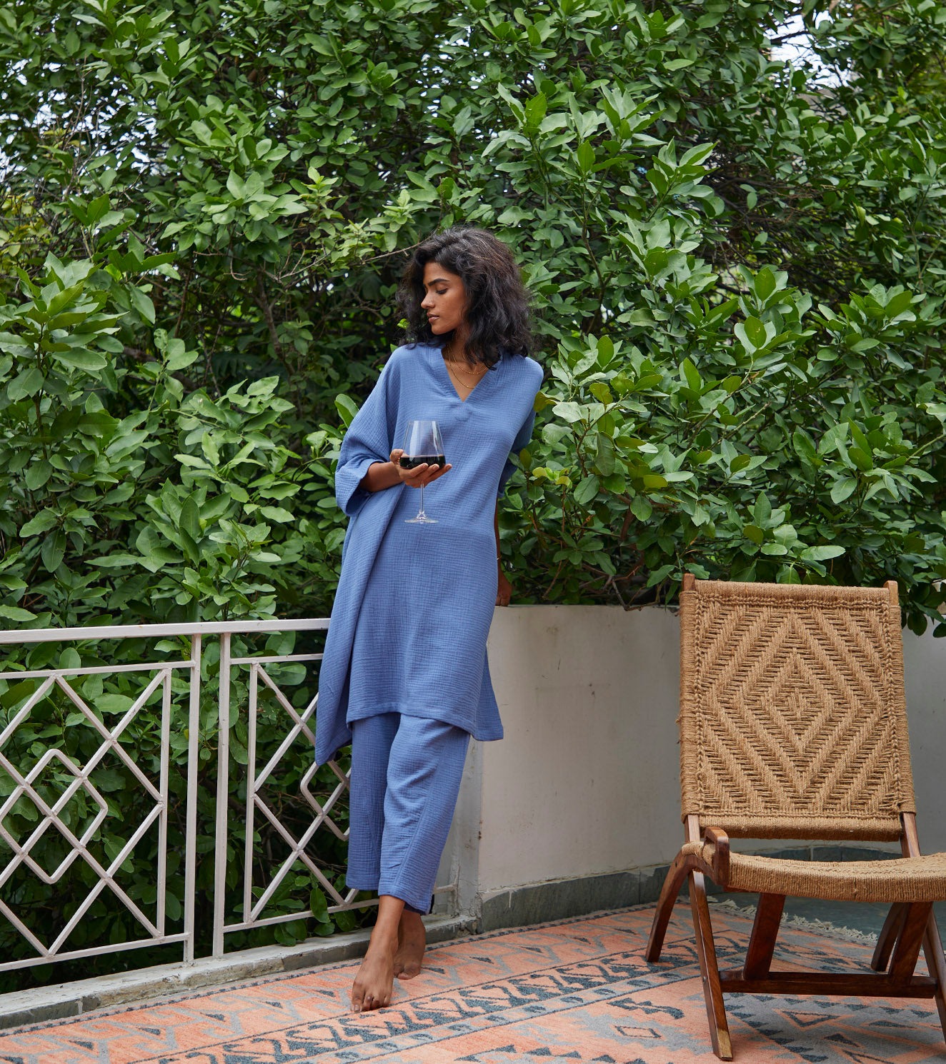Blue Cotton Co-ord Set by Khara Kapas with Blue, Co-ord Sets, Cotton, Lounge Wear, Lounge wear by Khara Kapas, Lounge Wear Co-ords, Natural, Regular Fit, Solid Selfmade, Solids, Womenswear at Kamakhyaa for sustainable fashion