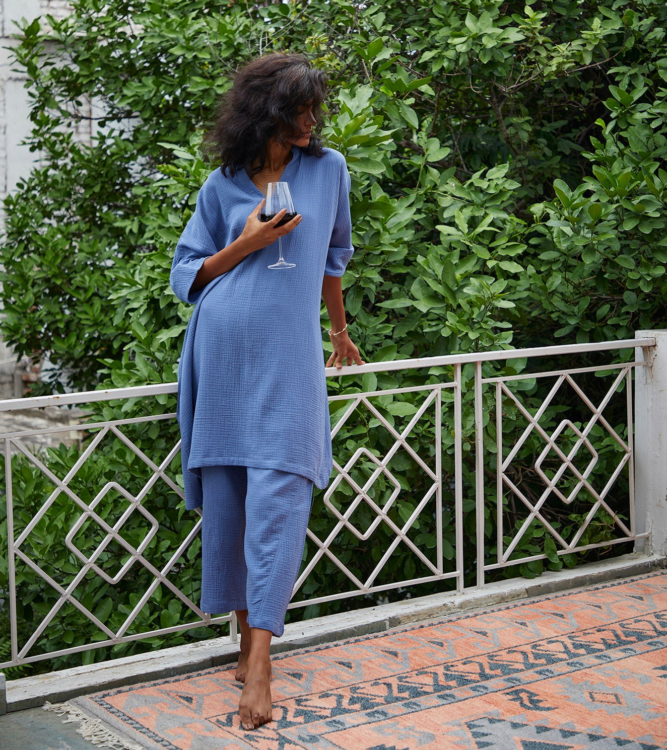 Blue Cotton Co-ord Set by Khara Kapas with Blue, Co-ord Sets, Cotton, Lounge Wear, Lounge wear by Khara Kapas, Lounge Wear Co-ords, Natural, Regular Fit, Solid Selfmade, Solids, Womenswear at Kamakhyaa for sustainable fashion
