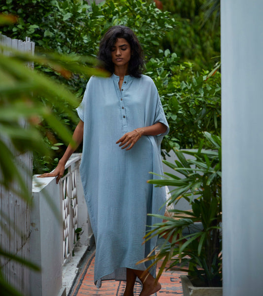 Blue Cotton Kaftan by Khara Kapas with Blue, Cotton, Kaftans, Lounge Wear, Lounge wear by Khara Kapas, Midi Dresses, Natural, Relaxed Fit, Solids, Womenswear at Kamakhyaa for sustainable fashion