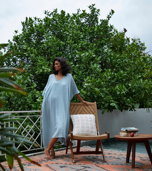 Blue Cotton Kaftan by Khara Kapas with Blue, Cotton, Kaftans, Lounge Wear, Lounge wear by Khara Kapas, Maxi Dresses, Natural, Relaxed Fit, Solids, Womenswear at Kamakhyaa for sustainable fashion