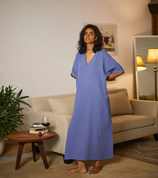 Blue Cotton Kaftan by Khara Kapas with Blue, Cotton, Kaftans, Lounge Wear, Lounge wear by Khara Kapas, Midi Dresses, Natural, Printed Selfsame, Relaxed Fit, Solids, Womenswear at Kamakhyaa for sustainable fashion