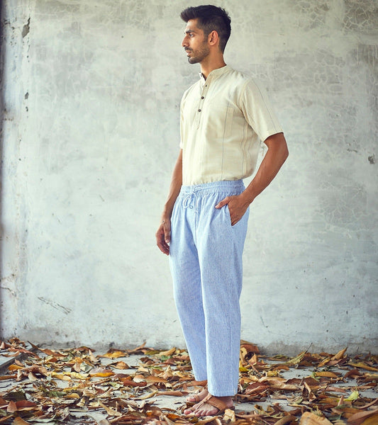 Blue Cotton Mens Trouser by Khara Kapas with Blue, Bottoms, Casual Wear, Cotton, Fitted At Waist, For Father, Mens Bottom, Natural, New, Solids, Trousers at Kamakhyaa for sustainable fashion