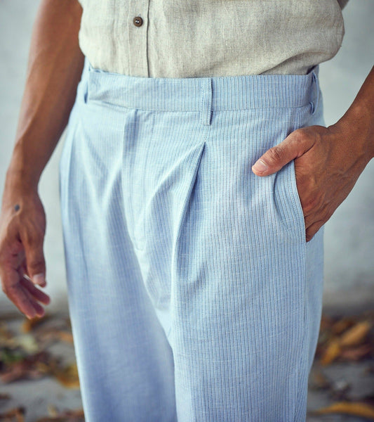 Blue Cotton Pleated Trouser by Khara Kapas with Blue, Bottoms, Casual Wear, Cotton, Fitted At Waist, For Him, Mens Bottom, Natural, New, Solids, Trousers at Kamakhyaa for sustainable fashion