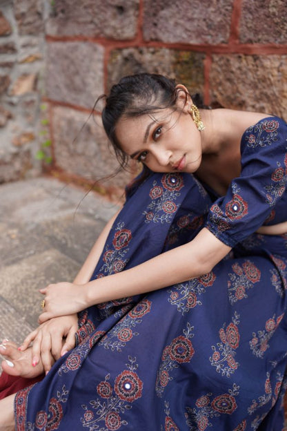 Blue Floral Print Lehenga Set by Hasttvam with Blue, Cocktail Wedding, Cotton, Festive Wear, Floral, Natural Dye, Navratri, Navratri Teens, Rang by Hasttvam, Relaxed Fit, Responsible production and Vegan at Kamakhyaa for sustainable fashion