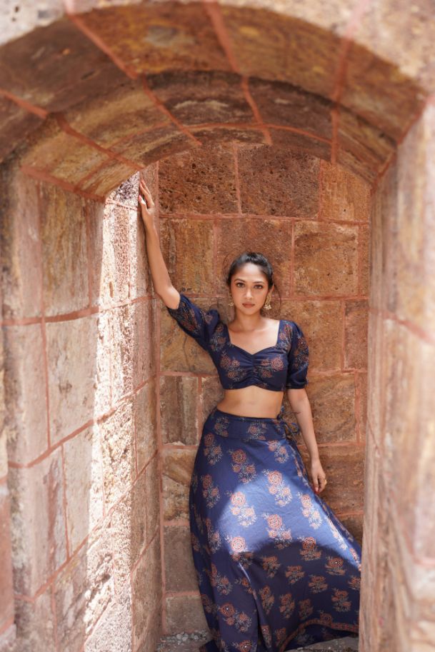 Blue Floral Print Lehenga Set by Hasttvam with Blue, Cocktail Wedding, Cotton, Festive Wear, Floral, Natural Dye, Navratri, Navratri Teens, Rang by Hasttvam, Relaxed Fit, Responsible production and Vegan at Kamakhyaa for sustainable fashion