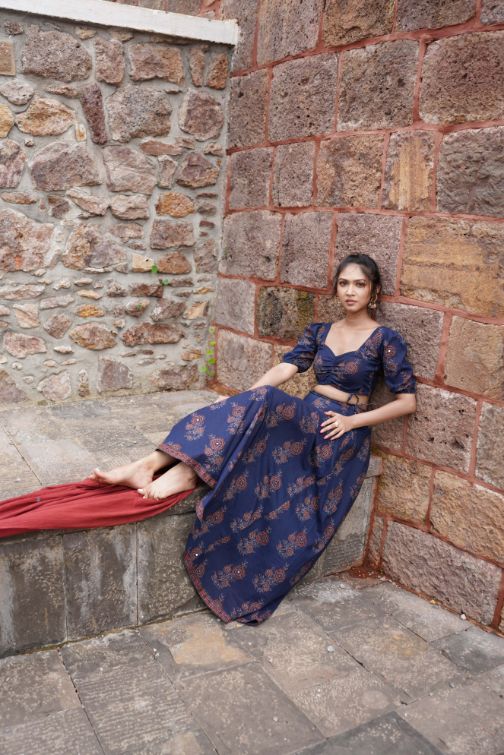 Blue Floral Print Lehenga Set by Hasttvam with Blue, Cocktail Wedding, Cotton, Festive Wear, Floral, Natural Dye, Navratri, Navratri Teens, Rang by Hasttvam, Relaxed Fit, Responsible production and Vegan at Kamakhyaa for sustainable fashion