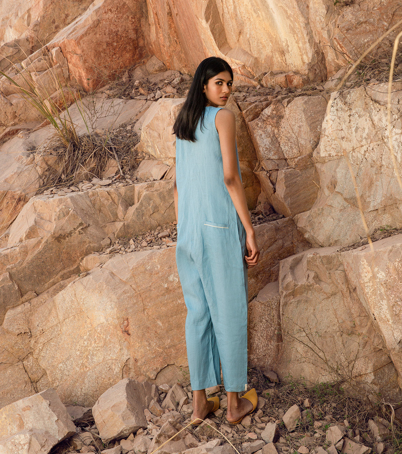 Blue Jumpsuit by Khara Kapas with 32 Days Of Summer by Khara Kapas, Blue, Earth Party, Jumpsuits, Linen, Natural, Regular Fit, Resort Wear, Selfsame, Solids, Womenswear at Kamakhyaa for sustainable fashion