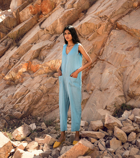 Blue Jumpsuit by Khara Kapas with 32 Days Of Summer by Khara Kapas, Blue, Earth Party, Jumpsuits, Linen, Natural, Regular Fit, Resort Wear, Selfsame, Solids, Womenswear at Kamakhyaa for sustainable fashion
