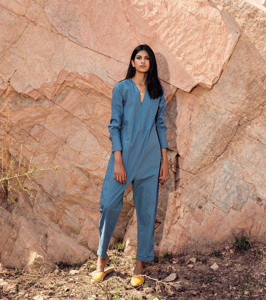 Blue Jumpsuit With Pockets by Khara Kapas with 32 Days Of Summer by Khara Kapas, Blue, Jumpsuits, Natural, Poplin, Regular Fit, Resort Wear, Selfsame, Solids, Womenswear at Kamakhyaa for sustainable fashion