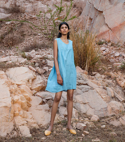Blue Mini Dress at Kamakhyaa by Khara Kapas. This item is 32 Days, Blue, Earth Party, Linen, Mini Dresses, Natural, Relaxed Fit, Resort Wear, Sleeveless Dresses, Solids, Womenswear