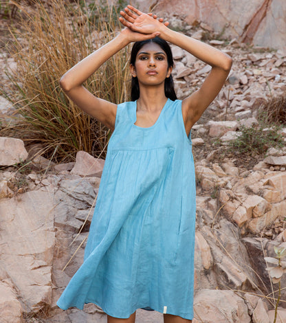 Blue Mini Dress at Kamakhyaa by Khara Kapas. This item is 32 Days, Blue, Earth Party, Linen, Mini Dresses, Natural, Relaxed Fit, Resort Wear, Sleeveless Dresses, Solids, Womenswear
