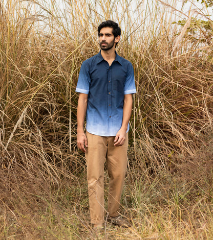 Blue Ombre Shirt for Men at Kamakhyaa by Khara Kapas. This item is Blue, Lost & Found, Menswear, Mulmul, Natural, Ombre & Dyes, Printed Selfsame, Regular Fit, Resort Wear, Shirts, Tops