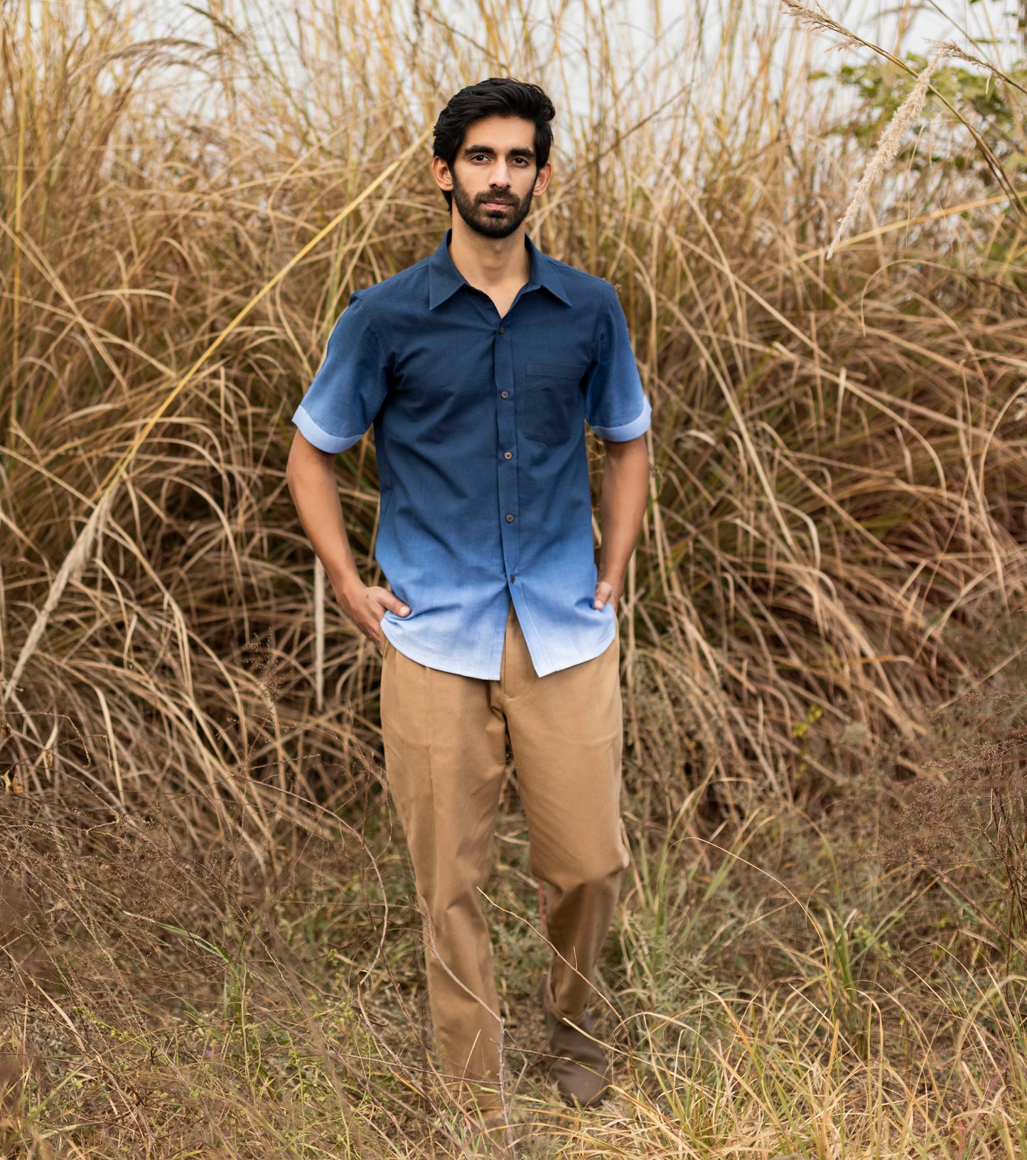 Blue Ombre Shirt for Men at Kamakhyaa by Khara Kapas. This item is Blue, Lost & Found, Menswear, Mulmul, Natural, Ombre & Dyes, Printed Selfsame, Regular Fit, Resort Wear, Shirts, Tops