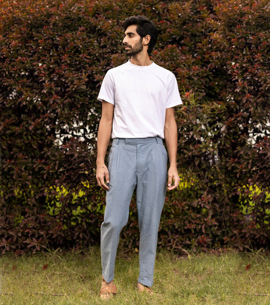 Blue Pants for Men by Khara Kapas with Blue, Bottoms, Cotton Twill, Mens Bottom, Natural, Pants, Regular Fit, Resort Wear, Solids at Kamakhyaa for sustainable fashion