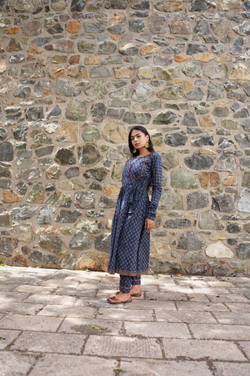 Blue Printed Kurta Set by Hasttvam with Blue, Cotton, Festive Wear, Floral, Handmade by Artisans, Natural Dye, Rang by Hasttvam, Relaxed Fit, Responsible production and Vegan at Kamakhyaa for sustainable fashion