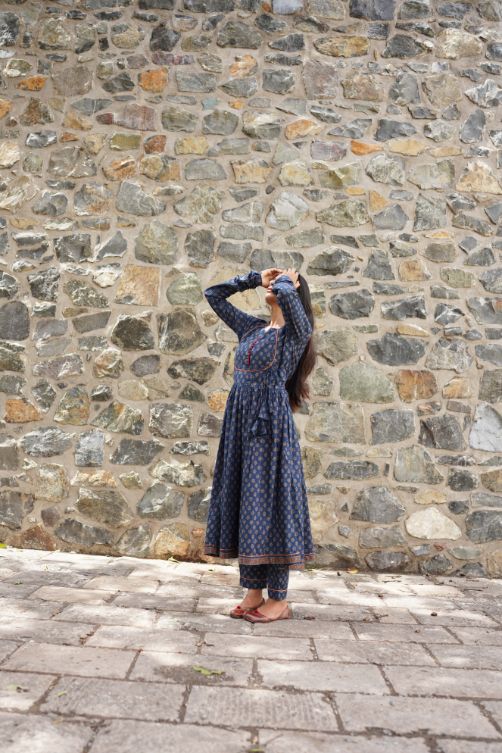 Blue Printed Kurta Set by Hasttvam with Blue, Cotton, Festive Wear, Floral, Handmade by Artisans, Natural Dye, Rang by Hasttvam, Relaxed Fit, Responsible production and Vegan at Kamakhyaa for sustainable fashion