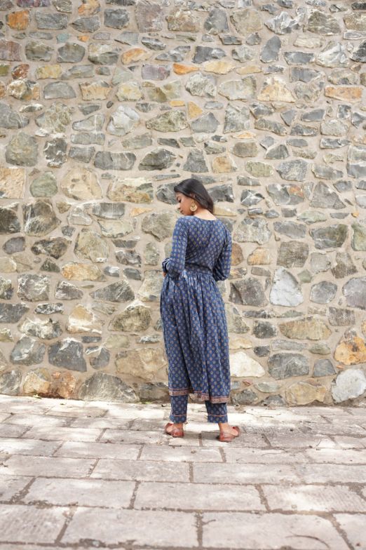 Blue Printed Kurta Set by Hasttvam with Blue, Cotton, Festive Wear, Floral, Handmade by Artisans, Natural Dye, Rang by Hasttvam, Relaxed Fit, Responsible production and Vegan at Kamakhyaa for sustainable fashion