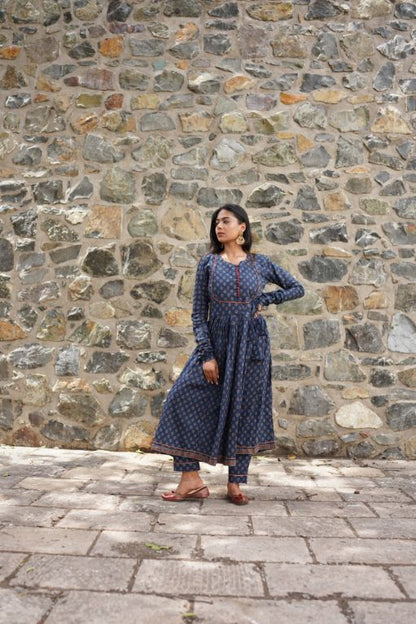 Blue Printed Kurta Set by Hasttvam with Blue, Cotton, Festive Wear, Floral, Handmade by Artisans, Natural Dye, Rang by Hasttvam, Relaxed Fit, Responsible production and Vegan at Kamakhyaa for sustainable fashion