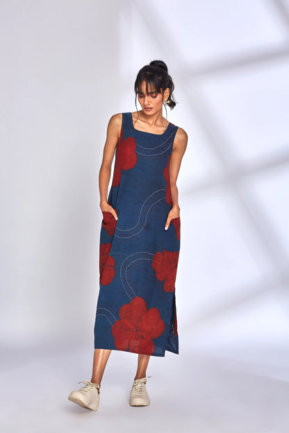 Blue Printed Midi Dress with side slit by Hasttvam with Blue, Brunch Wear, Cotton, Eden by Hasttvam, Floral, Fusion Wear, Independence Day USA, Indigo, Natural Dye, Relaxed Fit, Responsible production and Vegan, Sleeveless Dresses at Kamakhyaa for sustainable fashion