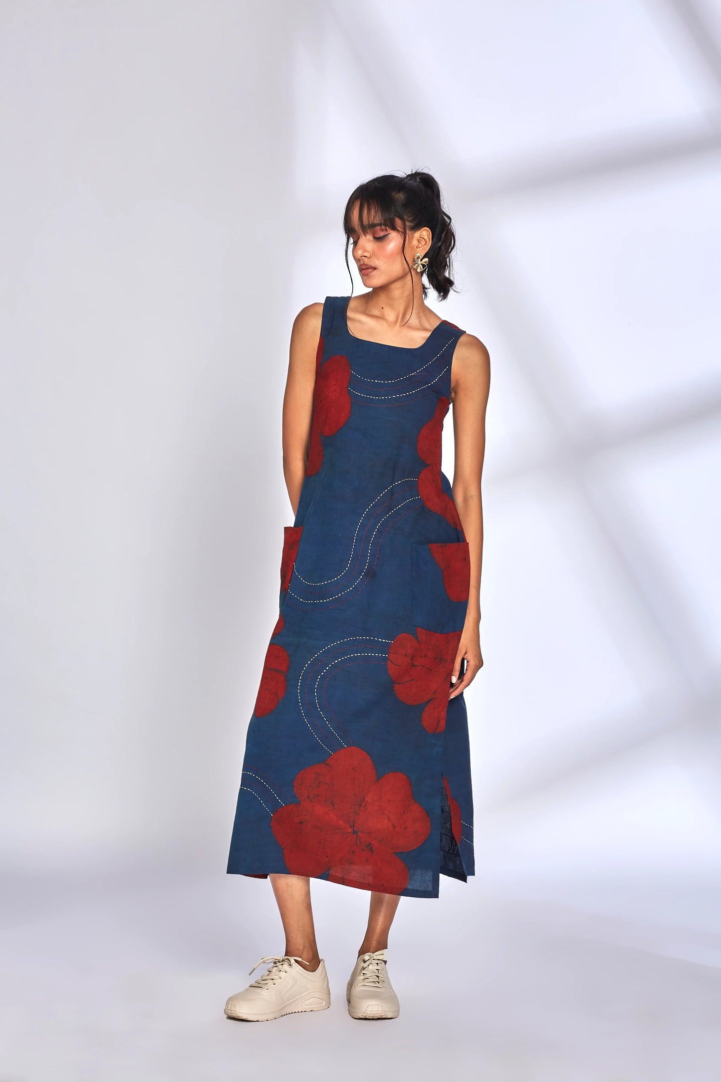 Blue Printed Midi Dress with side slit by Hasttvam with Blue, Brunch Wear, Cotton, Eden by Hasttvam, Floral, Fusion Wear, Independence Day USA, Indigo, Natural Dye, Relaxed Fit, Responsible production and Vegan, Sleeveless Dresses at Kamakhyaa for sustainable fashion