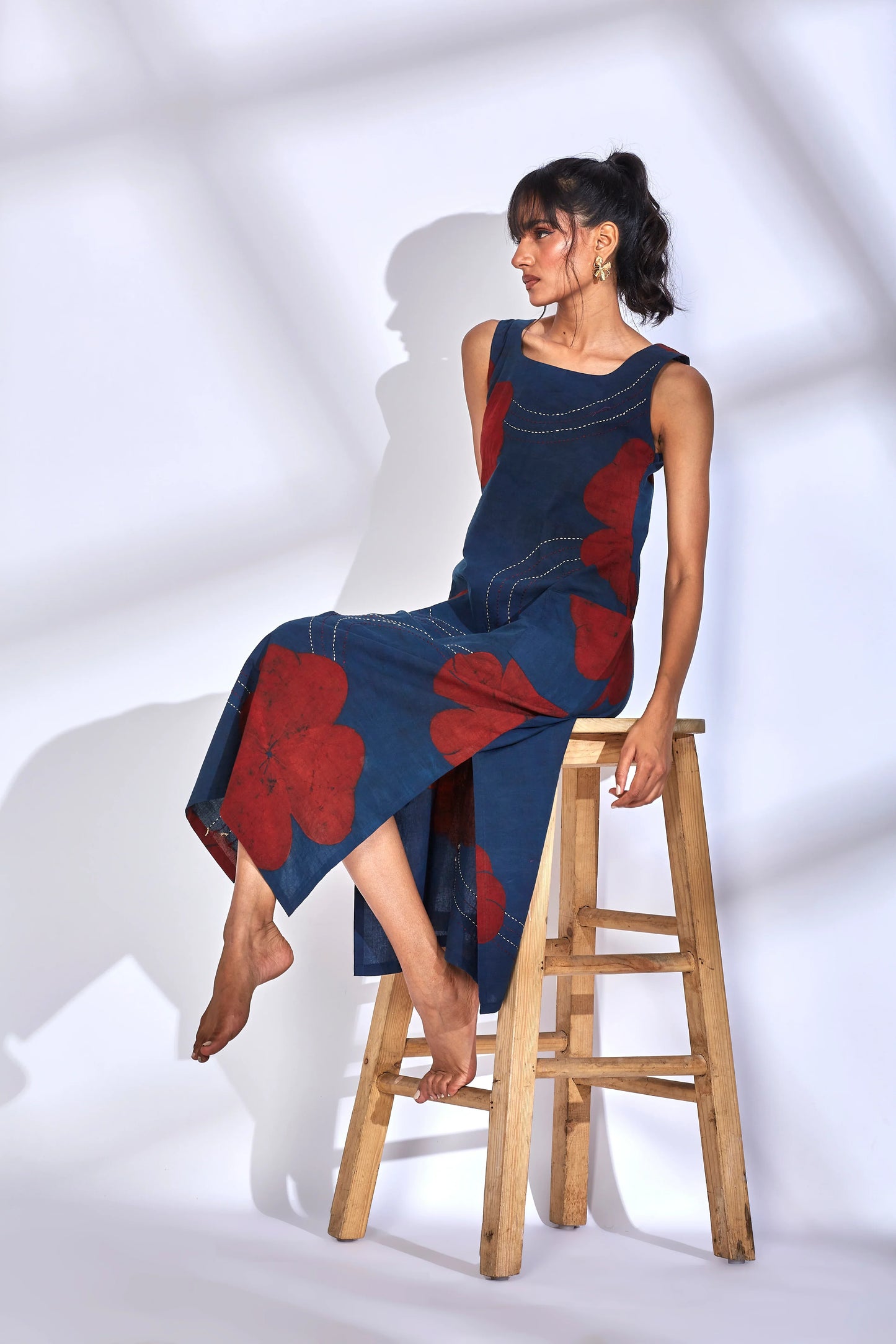 Blue Printed Midi Dress with side slit by Hasttvam with Blue, Brunch Wear, Cotton, Eden by Hasttvam, Floral, Fusion Wear, Independence Day USA, Indigo, Natural Dye, Relaxed Fit, Responsible production and Vegan, Sleeveless Dresses at Kamakhyaa for sustainable fashion