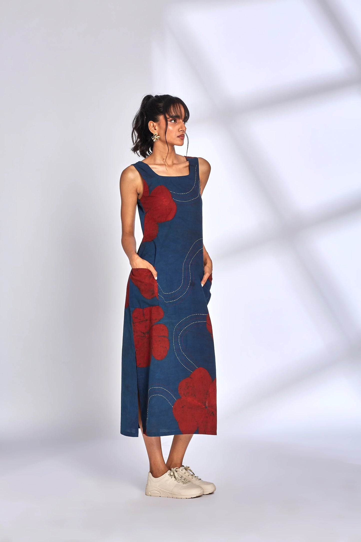 Blue Printed Midi Dress with side slit by Hasttvam with Blue, Brunch Wear, Cotton, Eden by Hasttvam, Floral, Fusion Wear, Independence Day USA, Indigo, Natural Dye, Relaxed Fit, Responsible production and Vegan, Sleeveless Dresses at Kamakhyaa for sustainable fashion