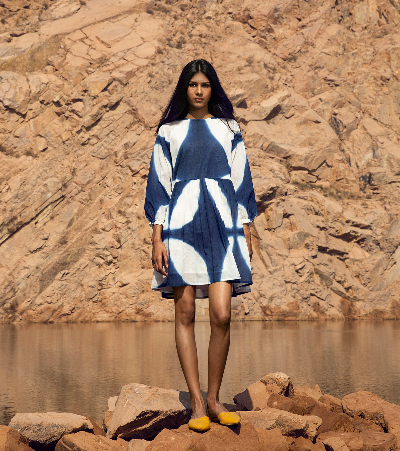 Blue Shibori Dye Mini Dress by Khara Kapas with 32 Days Of Summer by Khara Kapas, Blue, FB ADS JUNE, Mini Dresses, Mulmul, Natural, Ombre & Dyes, Printed Selfsame, Relaxed Fit, Resort Wear, Womenswear at Kamakhyaa for sustainable fashion