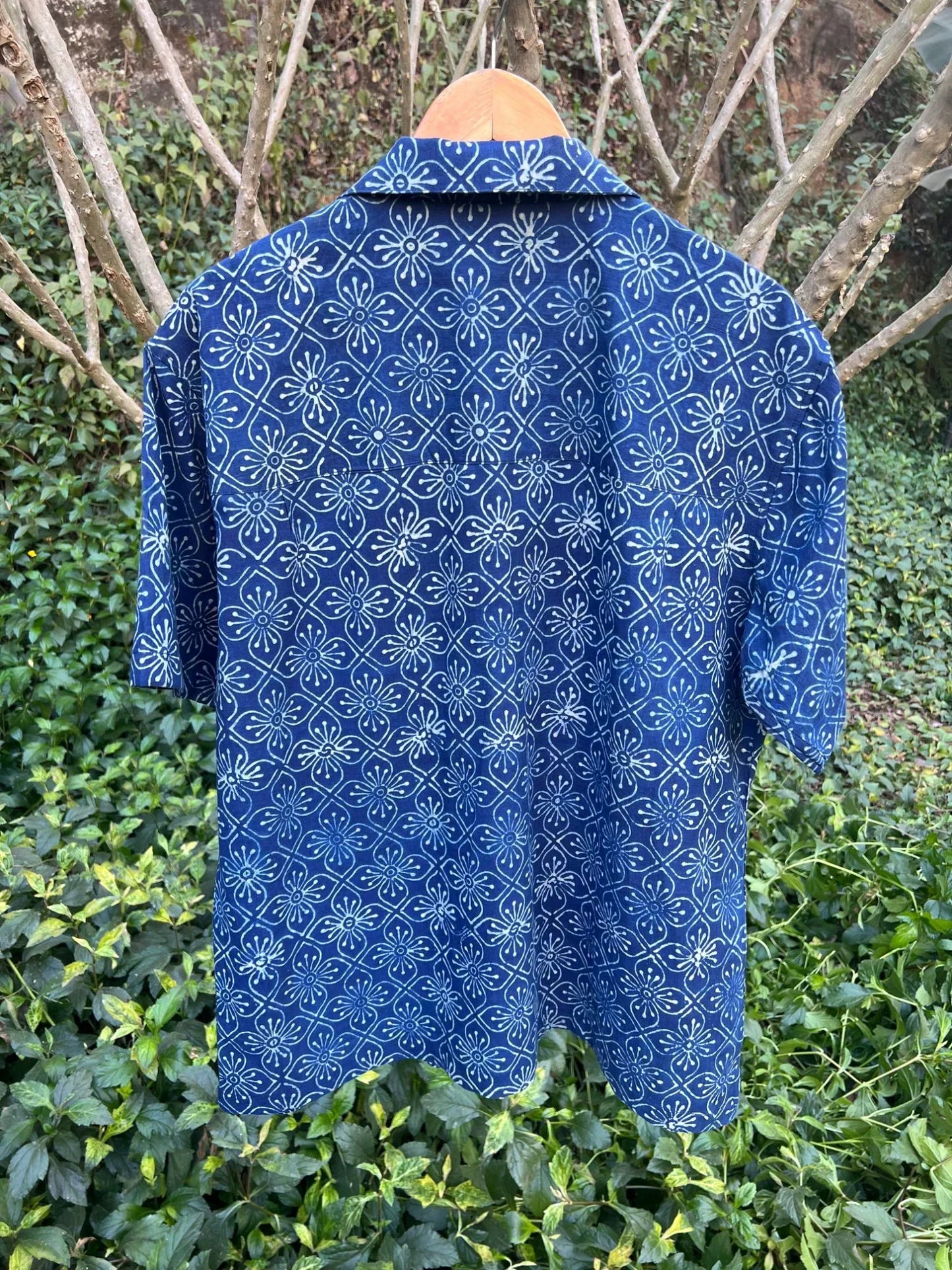 Blue Shirt with Ajrakh print by Hasttvam with Blue, Casual Wear, Cotton, Floral, Handmade by Artisans, Indigo, Natural Dye, Rang by Hasttvam, Relaxed Fit, Responsible production and Vegan, Shirt at Kamakhyaa for sustainable fashion