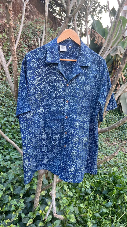 Blue Shirt with Ajrakh print by Hasttvam with Blue, Casual Wear, Cotton, Floral, Handmade by Artisans, Indigo, Natural Dye, Rang by Hasttvam, Relaxed Fit, Responsible production and Vegan, Shirt at Kamakhyaa for sustainable fashion