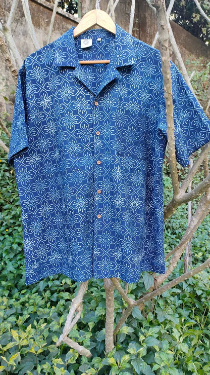 Blue Shirt with Ajrakh print by Hasttvam with Blue, Casual Wear, Cotton, Floral, Handmade by Artisans, Indigo, Natural Dye, Rang by Hasttvam, Relaxed Fit, Responsible production and Vegan, Shirt at Kamakhyaa for sustainable fashion