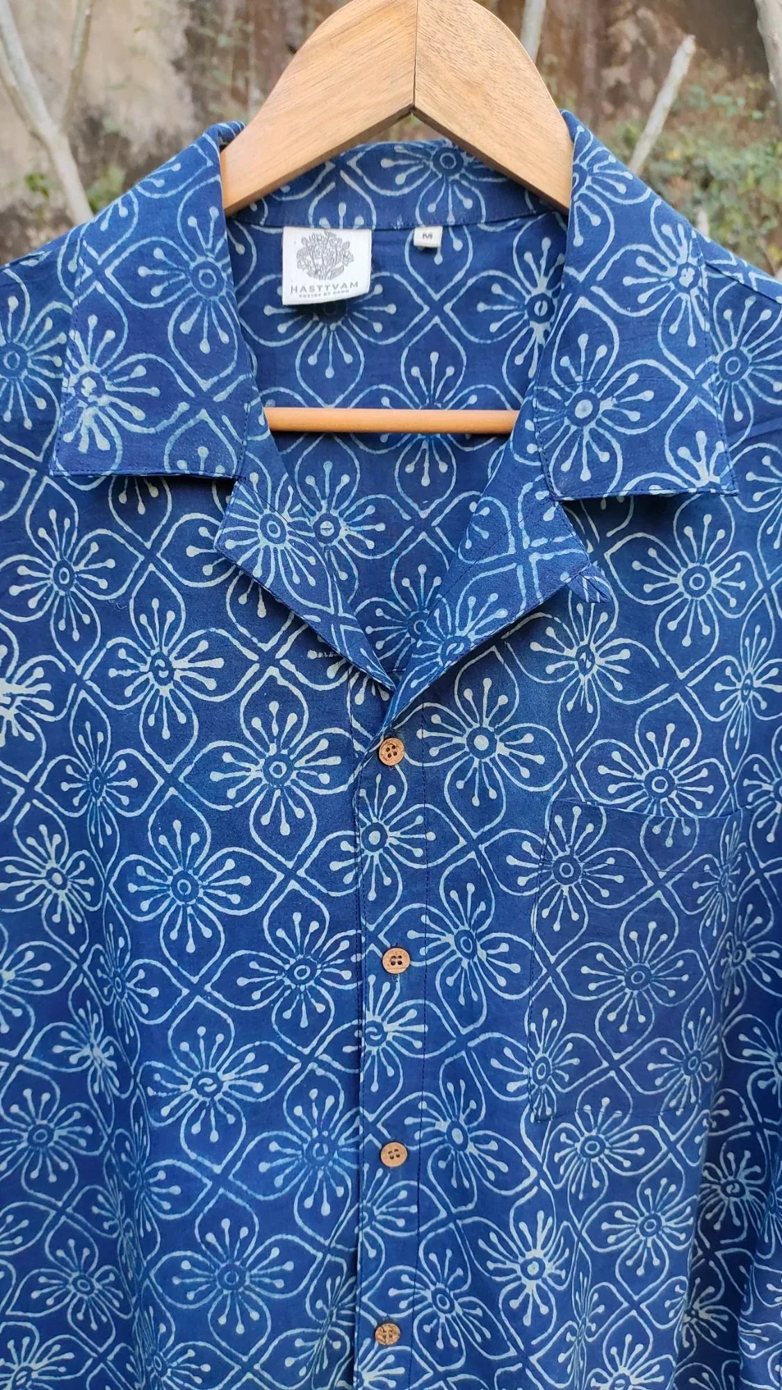 Blue Shirt with Ajrakh print by Hasttvam with Blue, Casual Wear, Cotton, Floral, Handmade by Artisans, Indigo, Natural Dye, Rang by Hasttvam, Relaxed Fit, Responsible production and Vegan, Shirt at Kamakhyaa for sustainable fashion