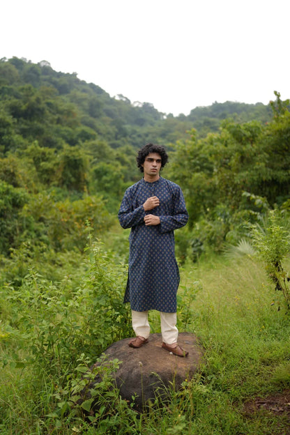 Blue Small Butta Kurta for Men by Hasttvam with Blue, Cotton, Festive Wear, Floral, Handmade by Artisans, Natural Dye, Rakhi Special, Rang by Hasttvam, Relaxed Fit, Responsible production and Vegan at Kamakhyaa for sustainable fashion