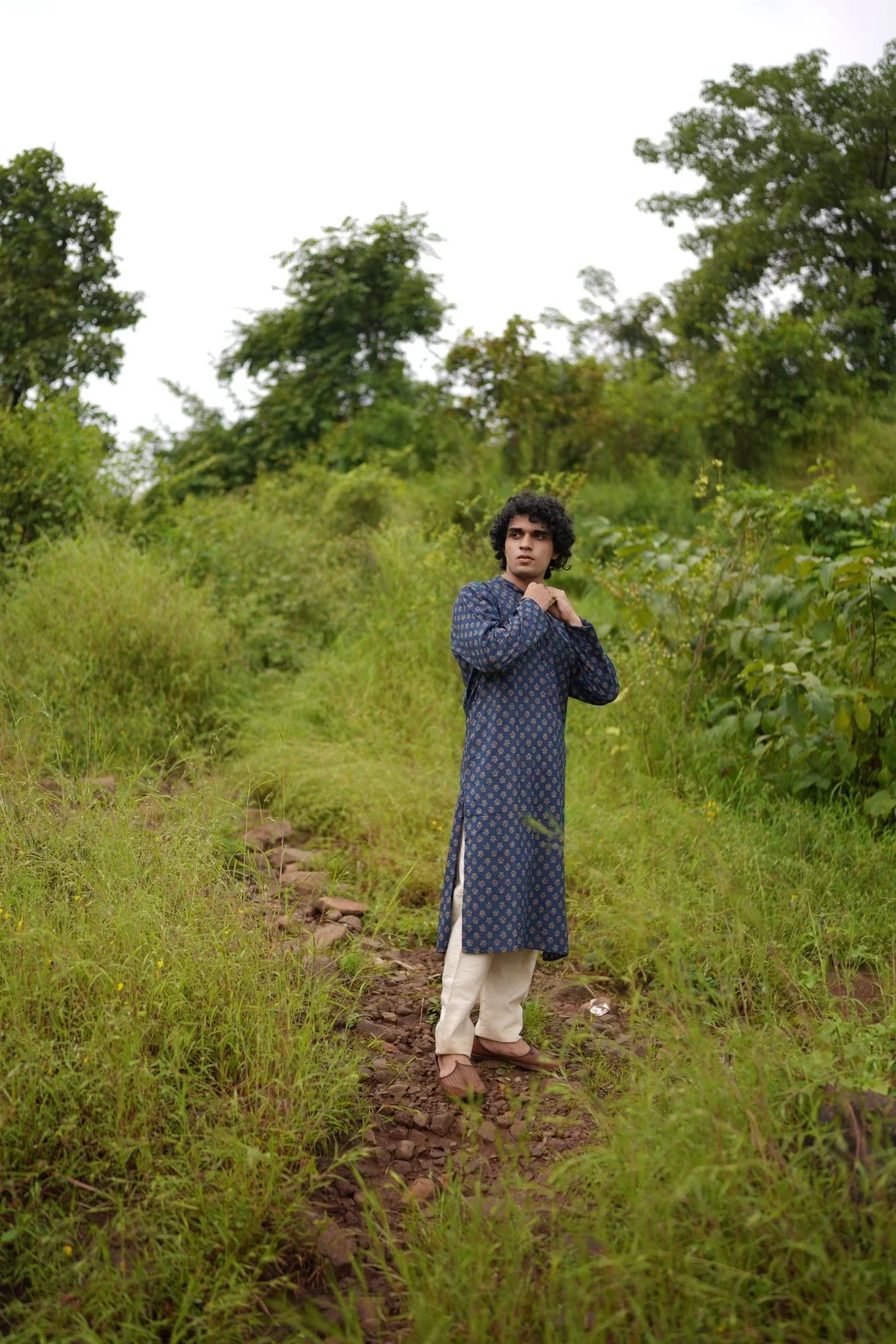 Blue Small Butta Kurta for Men by Hasttvam with Blue, Cotton, Festive Wear, Floral, Handmade by Artisans, Natural Dye, Rakhi Special, Rang by Hasttvam, Relaxed Fit, Responsible production and Vegan at Kamakhyaa for sustainable fashion