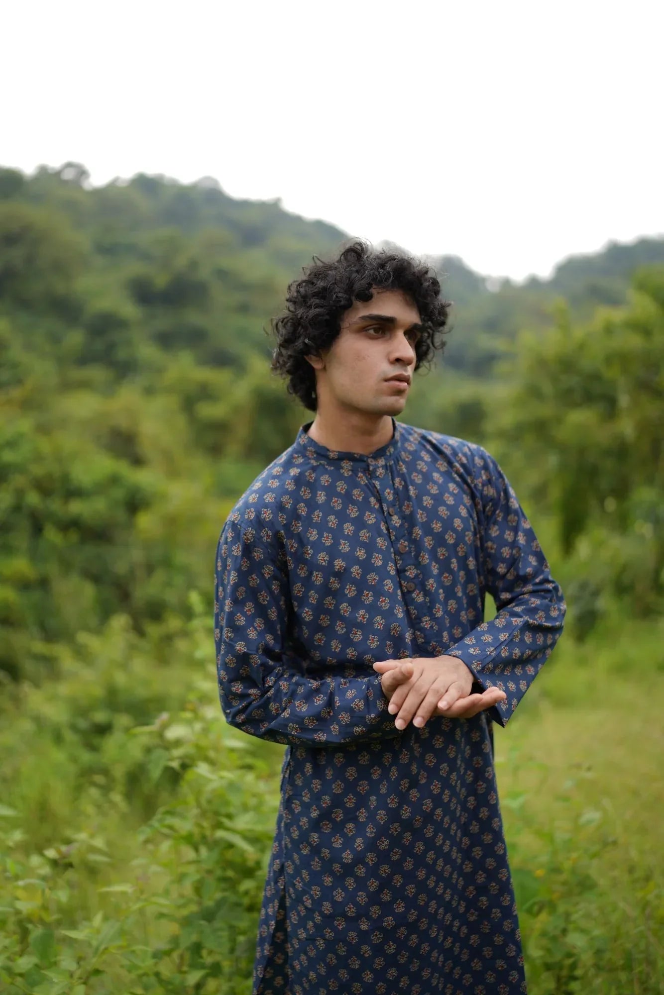 Blue Small Butta Kurta for Men by Hasttvam with Blue, Cotton, Festive Wear, Floral, Handmade by Artisans, Natural Dye, Rakhi Special, Rang by Hasttvam, Relaxed Fit, Responsible production and Vegan at Kamakhyaa for sustainable fashion