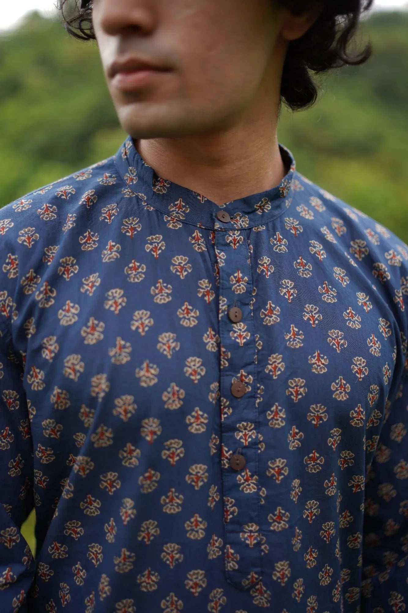 Blue Small Butta Kurta for Men by Hasttvam with Blue, Cotton, Festive Wear, Floral, Handmade by Artisans, Natural Dye, Rakhi Special, Rang by Hasttvam, Relaxed Fit, Responsible production and Vegan at Kamakhyaa for sustainable fashion