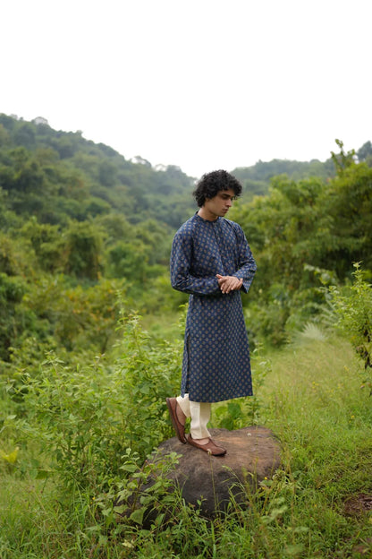 Blue Small Butta Kurta for Men by Hasttvam with Blue, Cotton, Festive Wear, Floral, Handmade by Artisans, Natural Dye, Rakhi Special, Rang by Hasttvam, Relaxed Fit, Responsible production and Vegan at Kamakhyaa for sustainable fashion