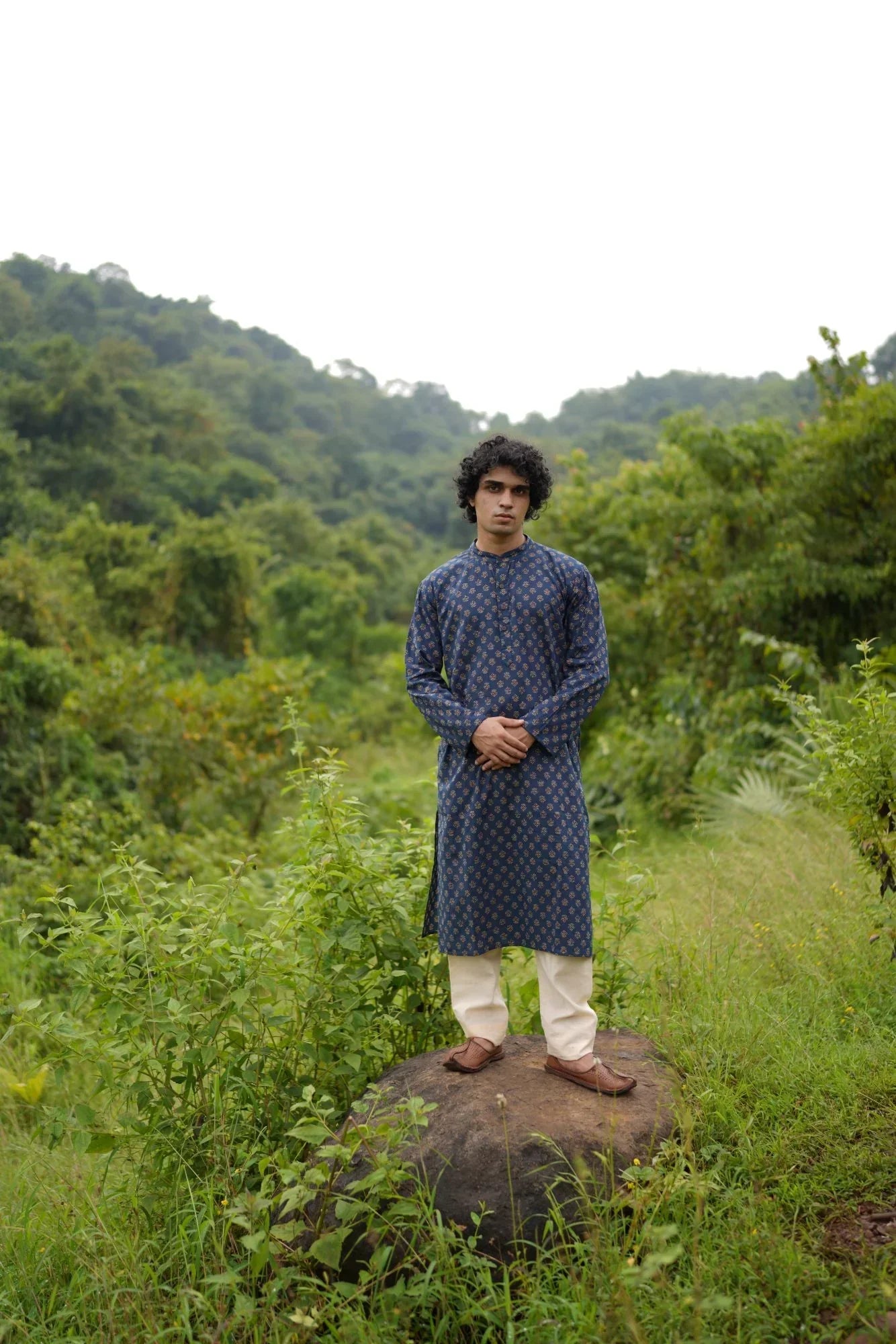 Blue Small Butta Kurta for Men by Hasttvam with Blue, Cotton, Festive Wear, Floral, Handmade by Artisans, Natural Dye, Rakhi Special, Rang by Hasttvam, Relaxed Fit, Responsible production and Vegan at Kamakhyaa for sustainable fashion