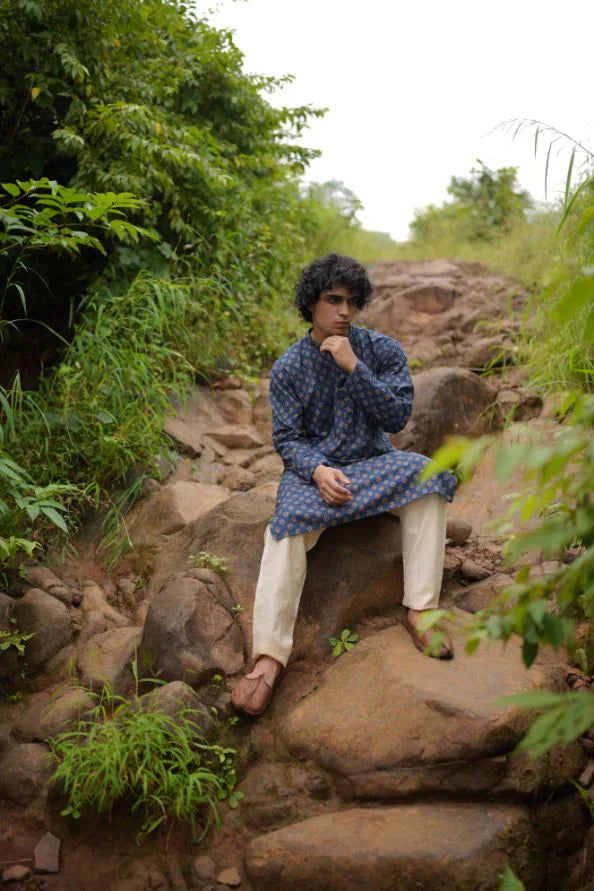 Blue Small Butta Kurta for Men by Hasttvam with Blue, Cotton, Festive Wear, Floral, Handmade by Artisans, Natural Dye, Rakhi Special, Rang by Hasttvam, Relaxed Fit, Responsible production and Vegan at Kamakhyaa for sustainable fashion