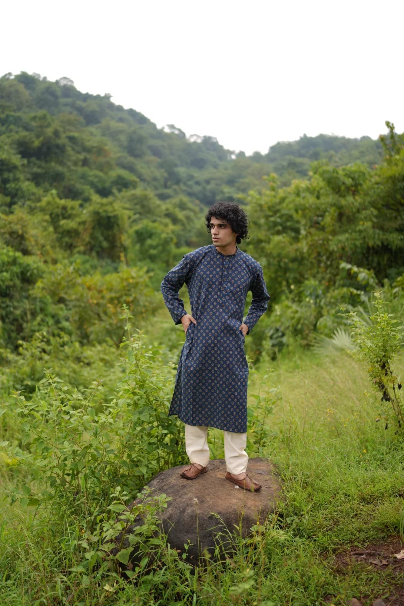 Blue Small Butta Kurta for Men by Hasttvam with Blue, Cotton, Festive Wear, Floral, Handmade by Artisans, Natural Dye, Rakhi Special, Rang by Hasttvam, Relaxed Fit, Responsible production and Vegan at Kamakhyaa for sustainable fashion