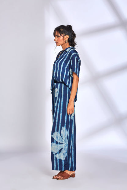 Blue Striped Printed Co-Ord Set by Hasttvam with Blue, Eden by Hasttvam, Floral, Fusion Wear, Indigo, Modal silk, Natural Dye, Printed Co-ord Sets, Relaxed Fit, Responsible production and Vegan, Vacation Co-ord Sets at Kamakhyaa for sustainable fashion