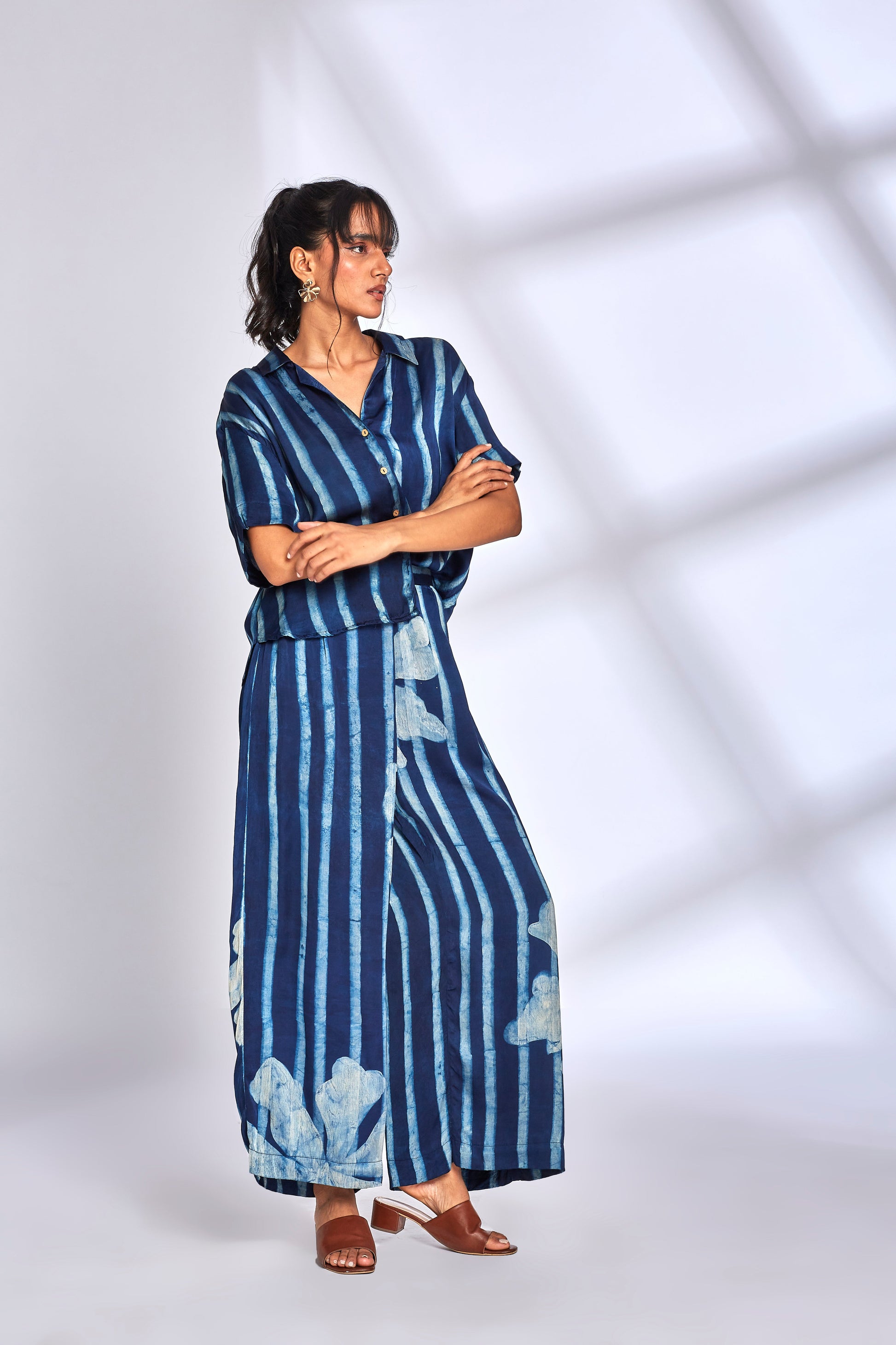 Blue Striped Printed Co-Ord Set by Hasttvam with Blue, Eden by Hasttvam, Floral, Fusion Wear, Indigo, Modal silk, Natural Dye, Printed Co-ord Sets, Relaxed Fit, Responsible production and Vegan, Vacation Co-ord Sets at Kamakhyaa for sustainable fashion