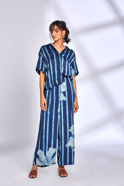 Blue Striped Printed Co-Ord Set by Hasttvam with Blue, Eden by Hasttvam, Floral, Fusion Wear, Indigo, Modal silk, Natural Dye, Printed Co-ord Sets, Relaxed Fit, Responsible production and Vegan, Vacation Co-ord Sets at Kamakhyaa for sustainable fashion