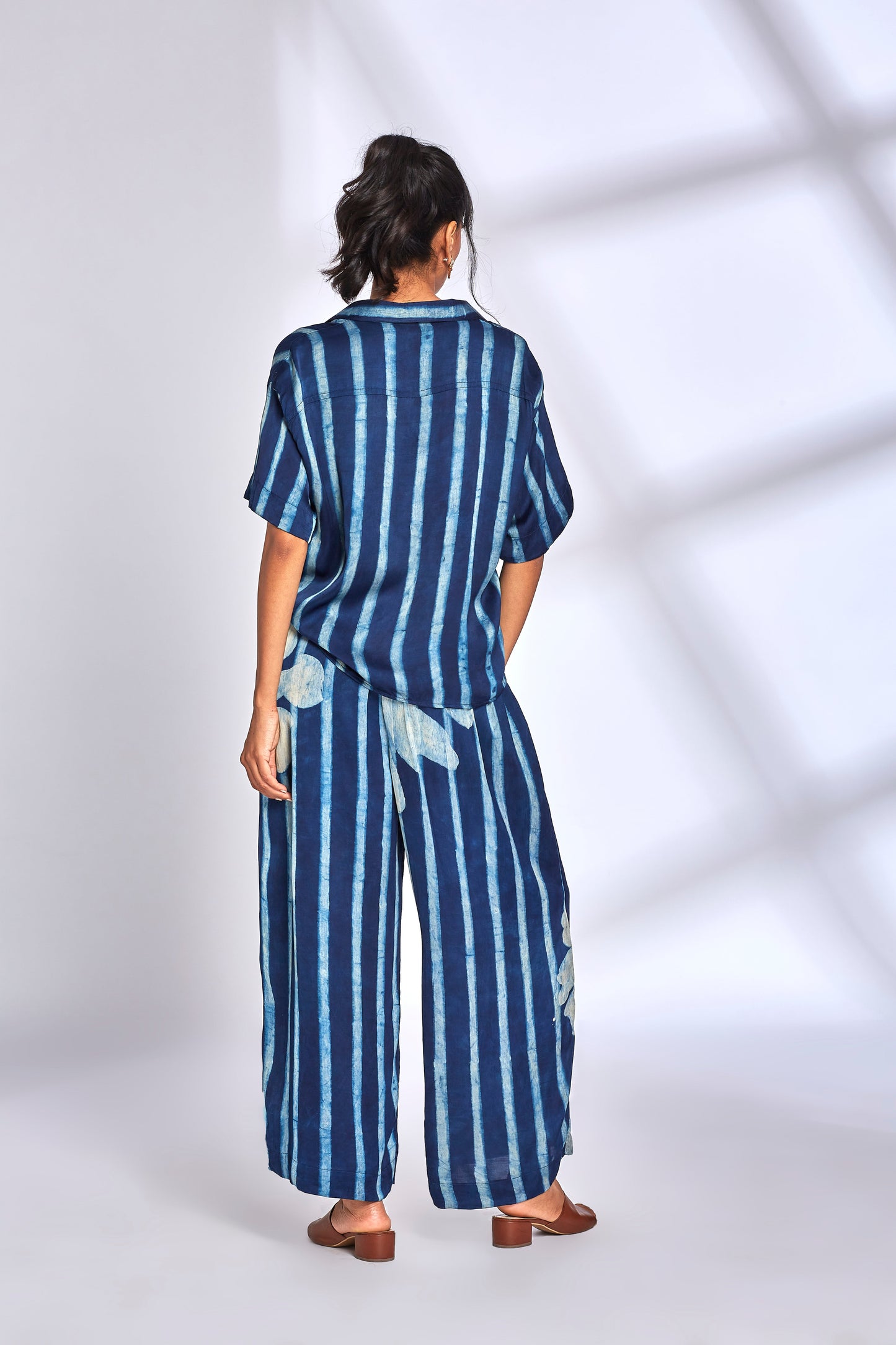 Blue Striped Printed Co-Ord Set by Hasttvam with Blue, Eden by Hasttvam, Floral, Fusion Wear, Indigo, Modal silk, Natural Dye, Printed Co-ord Sets, Relaxed Fit, Responsible production and Vegan, Vacation Co-ord Sets at Kamakhyaa for sustainable fashion