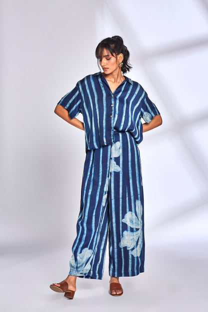 Blue Striped Printed Co-Ord Set by Hasttvam with Blue, Eden by Hasttvam, Floral, Fusion Wear, Indigo, Modal silk, Natural Dye, Printed Co-ord Sets, Relaxed Fit, Responsible production and Vegan, Vacation Co-ord Sets at Kamakhyaa for sustainable fashion